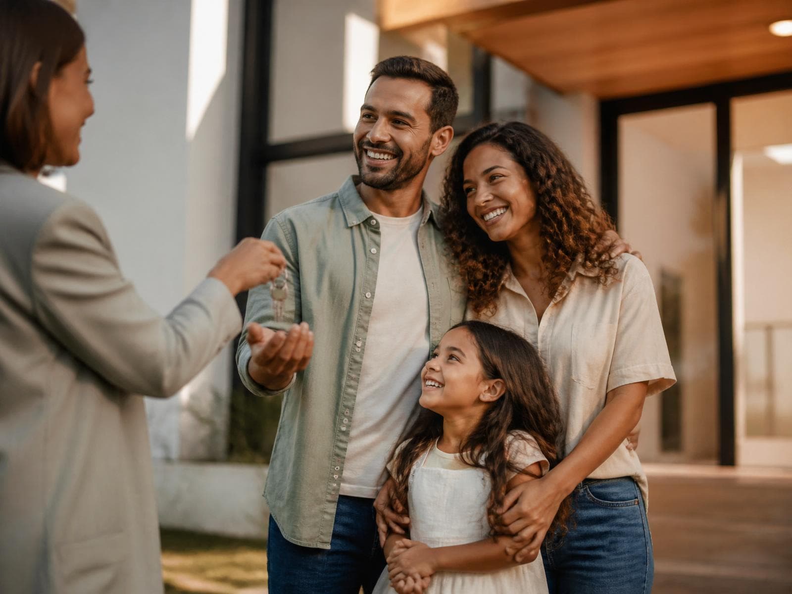 Família brasileira sorrindo recebendo as chaves da casa nova